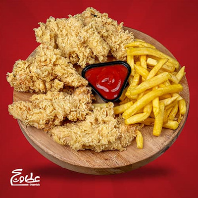 5 تکه فیله مرغ سوخاری شده ، سیب زمینی سرخ کرده ، نان بروچن و سالاد کلم چیکن استریپس پلاس پنج تکه